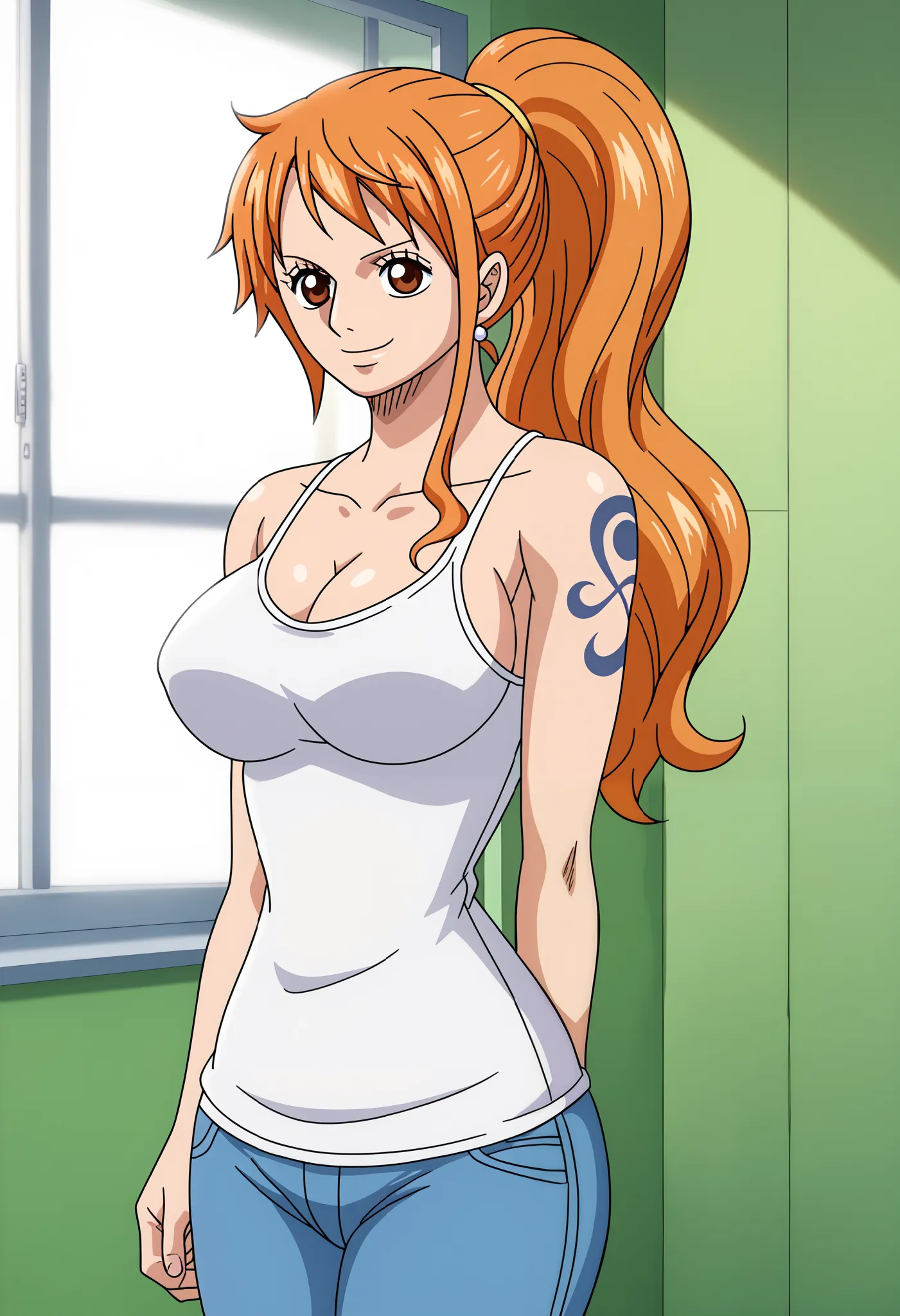 score_9_up, best quality, cowboy shot, anime_source, anime style, (SOLO:1.7), 1girl, Nami, orange hair, (white comesole:1.4), morning, (ponytail:1.7),  (serious smile:1.3), (curvy body:0.7),), (slightly looking at the viewer:1.2) (Medium breasts:1.5), jean...