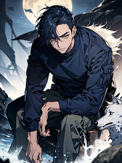 (Best picture quality, High res, Very high res), abstract, masculine, dark blue hair, 30 years old, dark blue eyes, jacket, sweater, cargo pants, dark blue gaze, calm, quiet, gentle smile, observatory, with wolf, dawn