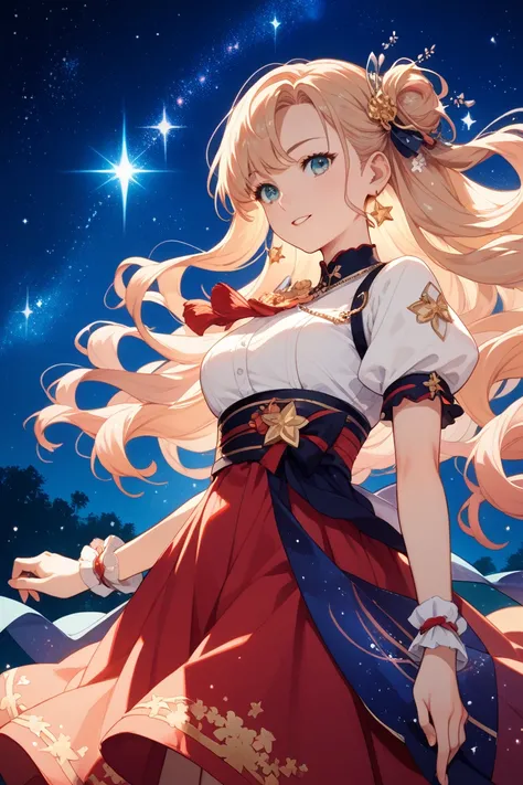 The theme is、Starry Night。A woman with long hair that makes the stars sparkle。join hands to pray for something。Clothes that are slightly transparent。Japanese anime style。