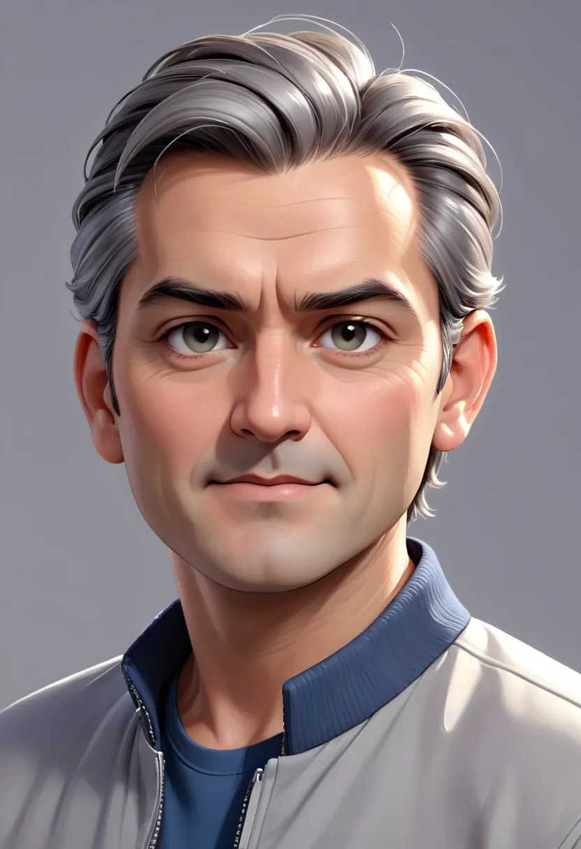 
50-year-old man with medium-length hair tied back in a ponytail, partially graying hair, slight beard, wearing a casual modern jacket, looking directly at the camera, digital paint look, painting 3D, casual game style, front light lighting, solid backgrou...