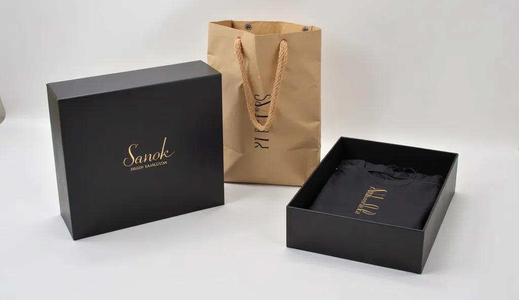 A modern, minimalist custom clothing packaging set, featuring a black matte rigid box with a gold foil brand logo, accompanied by an eco-friendly kraft paper mailer and a neatly folded branded fabric bag. The setup highlights the combination of luxury and ...