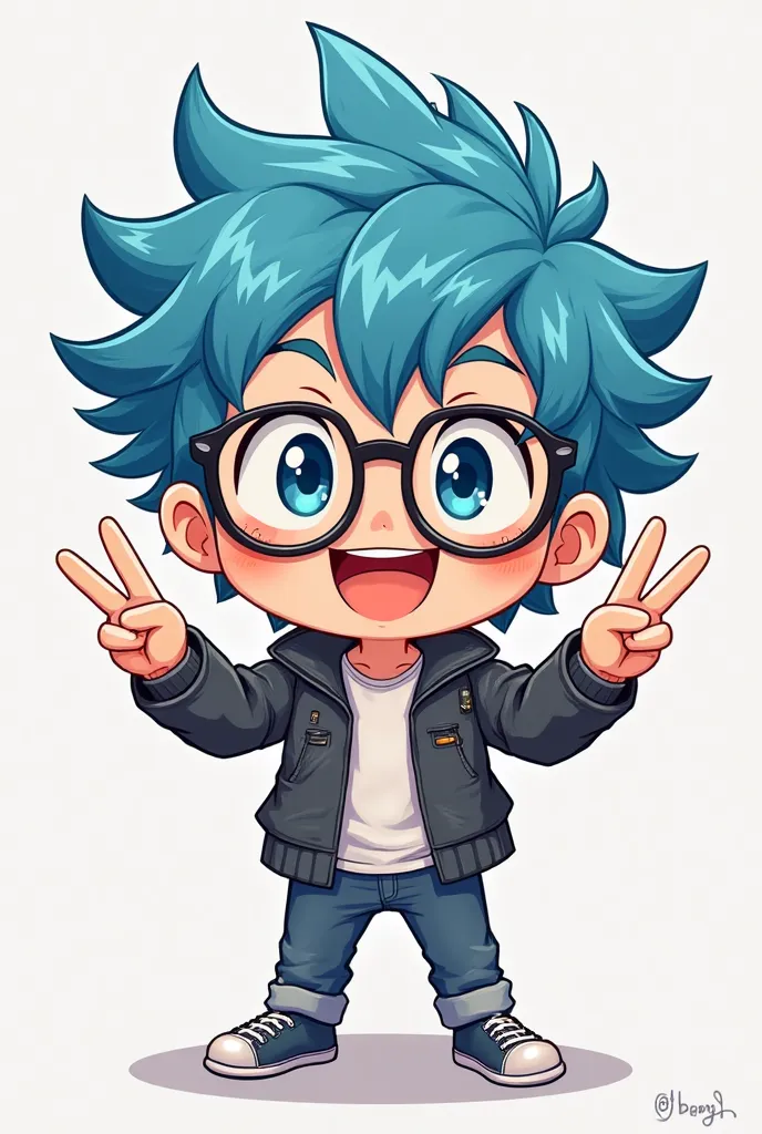 "A chibi-style anime boy with blue hair and glasses, looking adorable and cheerful. He is posing with a big smile, raising two fingers in a peace sign. His hair is slightly messy but stylish, and his glasses add to his cute and smart appearance. The backgr...