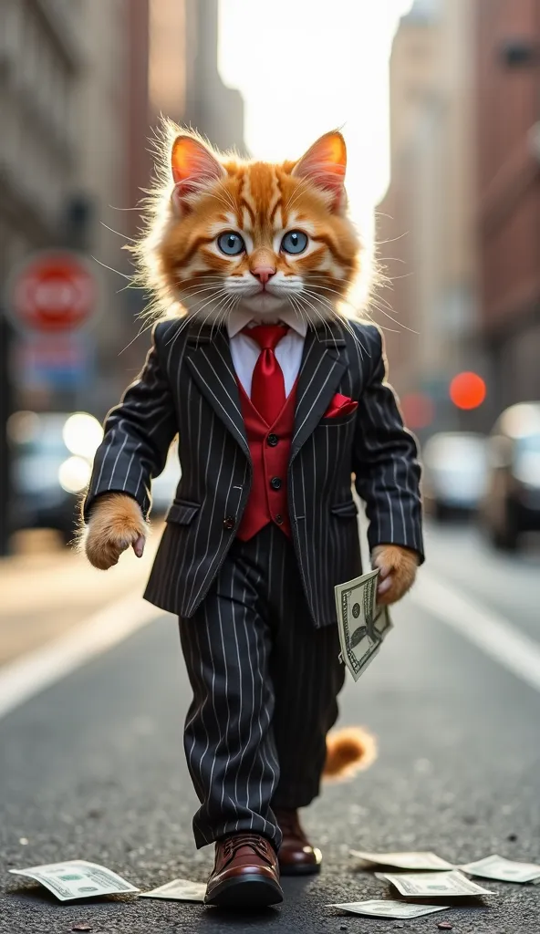 Rich Kittens in Suits on the City Street"
"An orange fluffy kitten with bright blue eyes walks full of confidence in the middle of a bustling city. He is wearing a suit Elegant black striped suit with a white shirt and a striking red tie, and shiny leather...