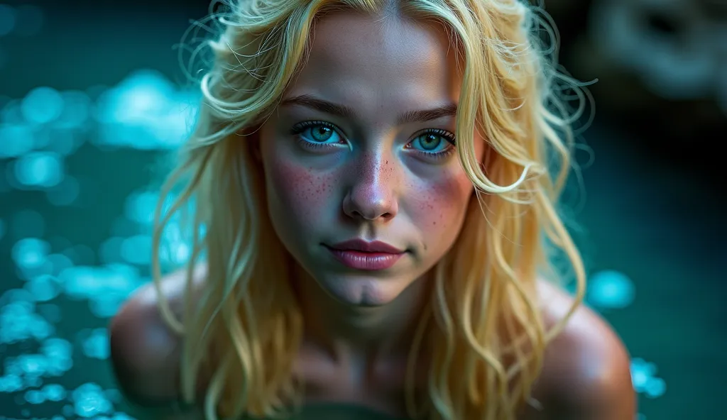 an extremely detaild face of a mermaid, blonde hair, vibrant colors, night, Picturesque, idyllic, work of art, best qualityer, (ultra quality:1.3), masterpiece, (highly detailed), HDR, 8K, (depth of field), sharp focus, soft shadows. she is facing the came...