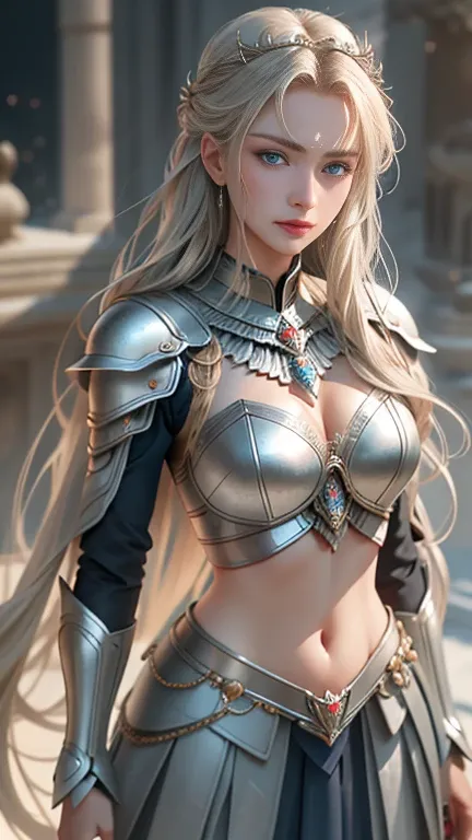 8K HD，RAW photo， woman in silver armor ， Skirt Armor ，handsome girl， Long Gray Hair ， blond and blue eyed，The face is delicate， delicate skin， rich breasts，Crystal-clear lips， Read more，( real human :1.3)，(Hi-Res:1.4)，(Details:1.5)，( photorealistic :1.7)，R...