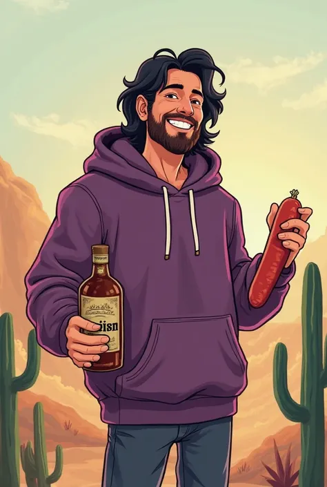 generate an image of a balkan guy with a playful smile with long black hair, wearing a purple modern hoodie, holding a bottle of homemade spirit with lable "ракия" in one hand and a big sausage in the other. He is standing in a desert with cacti around. ma...