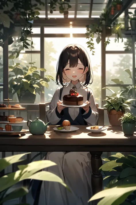 Magic School, 1girl ,high school girl,greenhouse,accessories,(Best Quality),after school,sunlight filtering through the trees,chocolateレートケーキ,chocolate,fork,cocoa,window,cute,plant,Tea Ceremony,