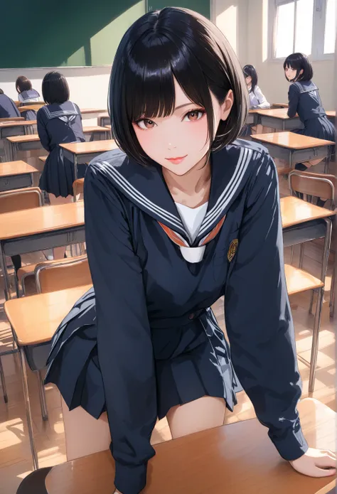 in a Japanese high school classroom、makes the natural light from the window feel warm。the female student with a short bob with black hair、is staring at me in a slightly forward position with her hands on her desk。she is wearing a white and navy sailor suit...