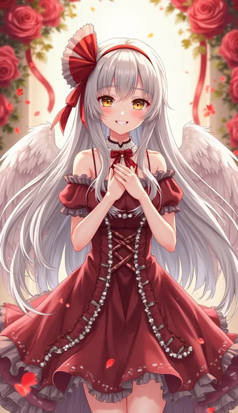 Please create an anime-style illustration！
Features

・Pretty girl character
・Long silver hair
・Angelic wings
・Amber eyes
・Red ribbon
・Red base with white accent color
· Shiny decorations
・A large sword about your height
・Gothic dress with lots of ruffles
・...