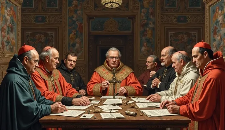 Council of Trent and Lent — A historic scene showing bishops and cardinals gathered in a large room, discussing the rituals of Lent, with documents and crosses on the table