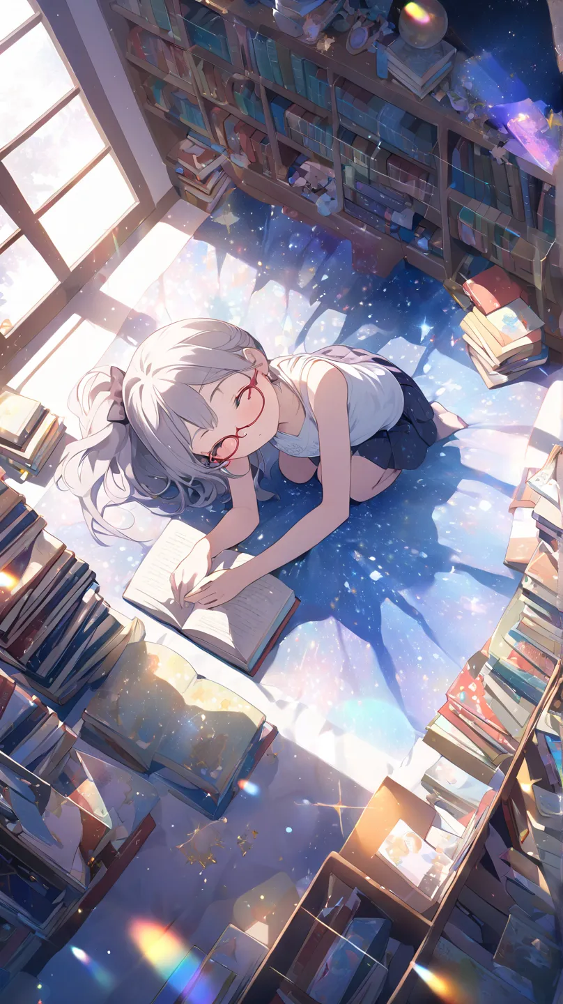 1 girl crouching, room、Reading books while sleeping、blue eyes, Grey Hair、 red rimmed glasses、side ponytail、t-shirt、miniskirt、from above、Dutch Angle, glitter effect, lens flare, 