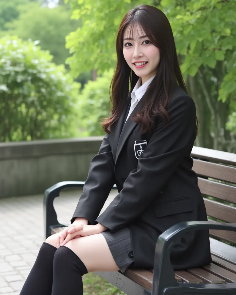   Top Quality),hot ((mature milf、woman)),  I'm sitting on a park bench with my legs stretched out and the soles of my feet facing this ,    wide hips 、Big Breasts　big breasts,  short hair all back),   uniform、mini tight skirt high school student blazer clo...