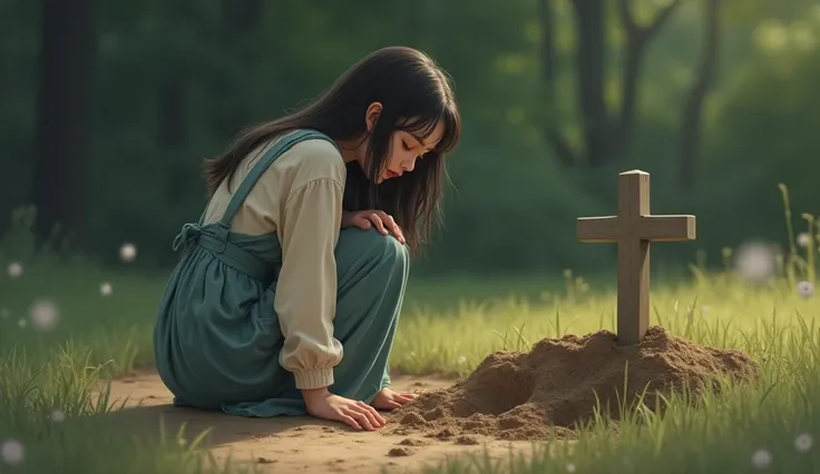 a beautiful girl on her dog's grave is kneeling real photo 