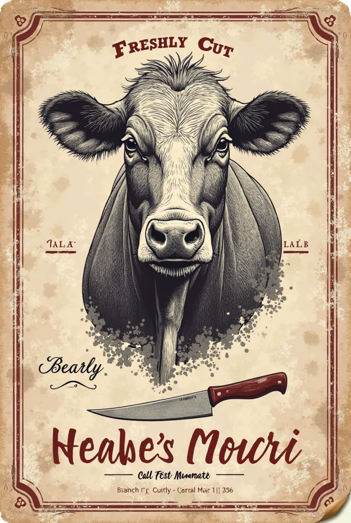 Prompt:
"A premium butcher shop product label with a vintage yet modern aesthetic. The design should feature a bold, hand-drawn illustration of a cow, pig, or lamb, depending on the product type. The background should have a rustic texture, resembling aged...