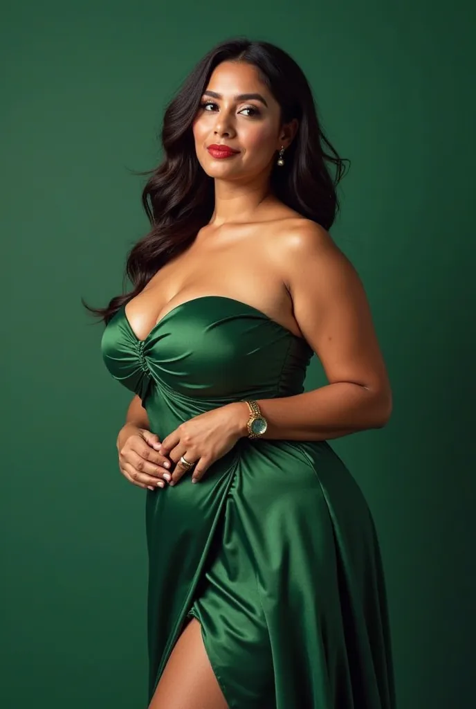 A 40 to 50 beautiful thick woman, in green dress , midshot , plane green background 