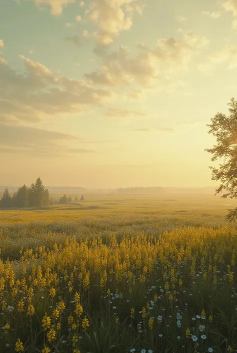 Scene, pan camera showing Russia fields of linseed, cold colors sky reddish and yellow hue