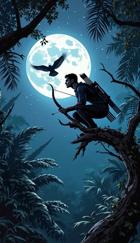 In the moonlit jungle, where shadows stretch long and the night is alive with whispers, a battle of precision and darkness unfolds between Hawkeye (Clint Barton) and the elusive Moonshadow Raven. Perched silently on a twisted branch, Hawkeye steadies his b...