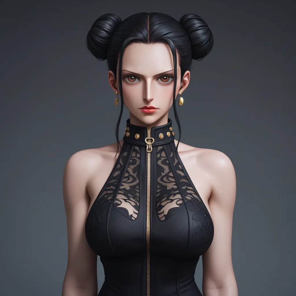 (Masterpiece, 8k quality, extremely detailed), nico robin, 1girl, black_hair, hair_buns, elaborate_hair_ornaments, black_chinese_dress, gold_details, high_collar, gothic_style, pale_skin, dark_red_lipstick, earrings, brown_eyes, serious_expression, front_v...