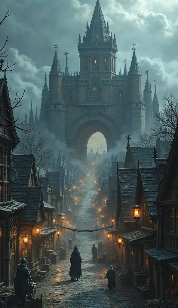 From a lofty perspective, the dark fantasy city sprawls beneath a tumultuous sky, a sprawling maze of shadow and intrigue. The layout reveals a chaotic network of narrow, winding streets that twist and turn like serpents, flanked by towering edifices of ob...