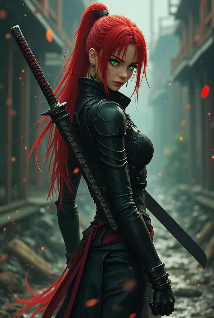 A ninja who is red-haired with green eyes, using a sword behind your back 