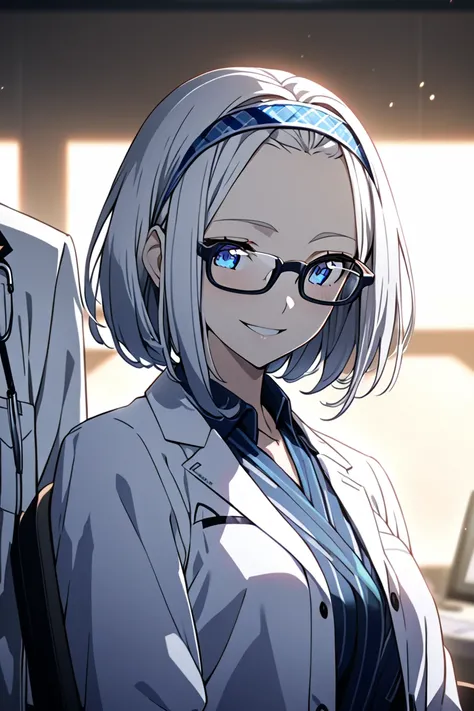 high quality,very detailed,最high quality,１human female,adult woman in her 40s,front,upper body,short bob, silver hair, bad smile,Glasses,blue eyes,hair band,Forehead,Unity 8K,Beautiful Detailed Eyes, very detailedな顔, perfect lighting for the background, ve...