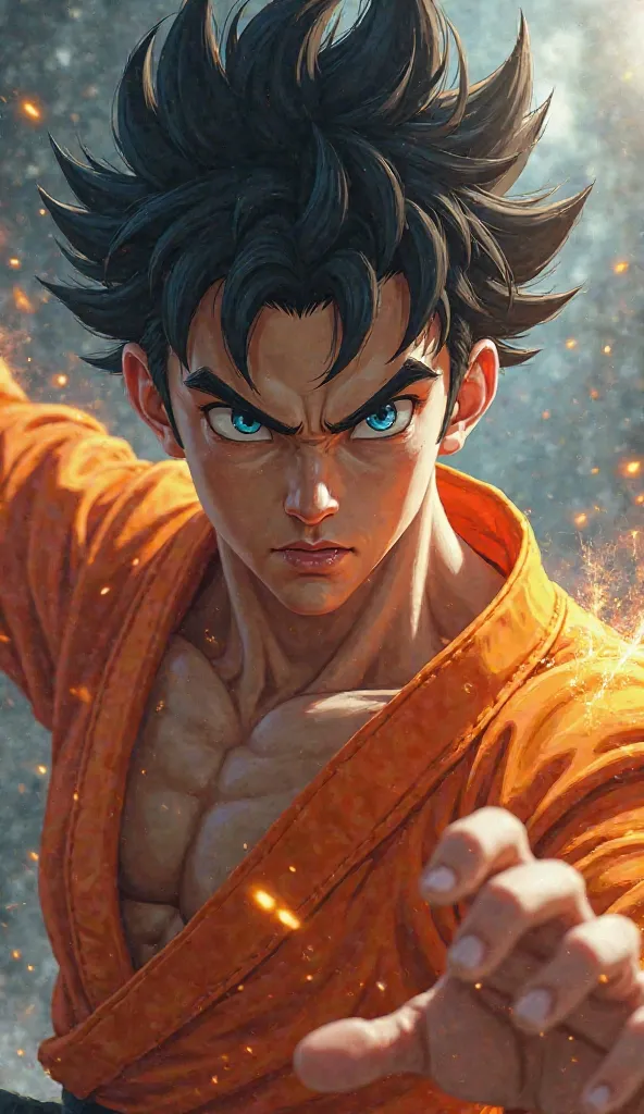 a muscular man with spiky black hair, piercing blue eyes, detailed facial features, wearing an orange martial arts gi, mid-battle pose with energy crackling around him, dramatic lighting, cinematic composition, digital painting, hyperrealistic, highly deta...