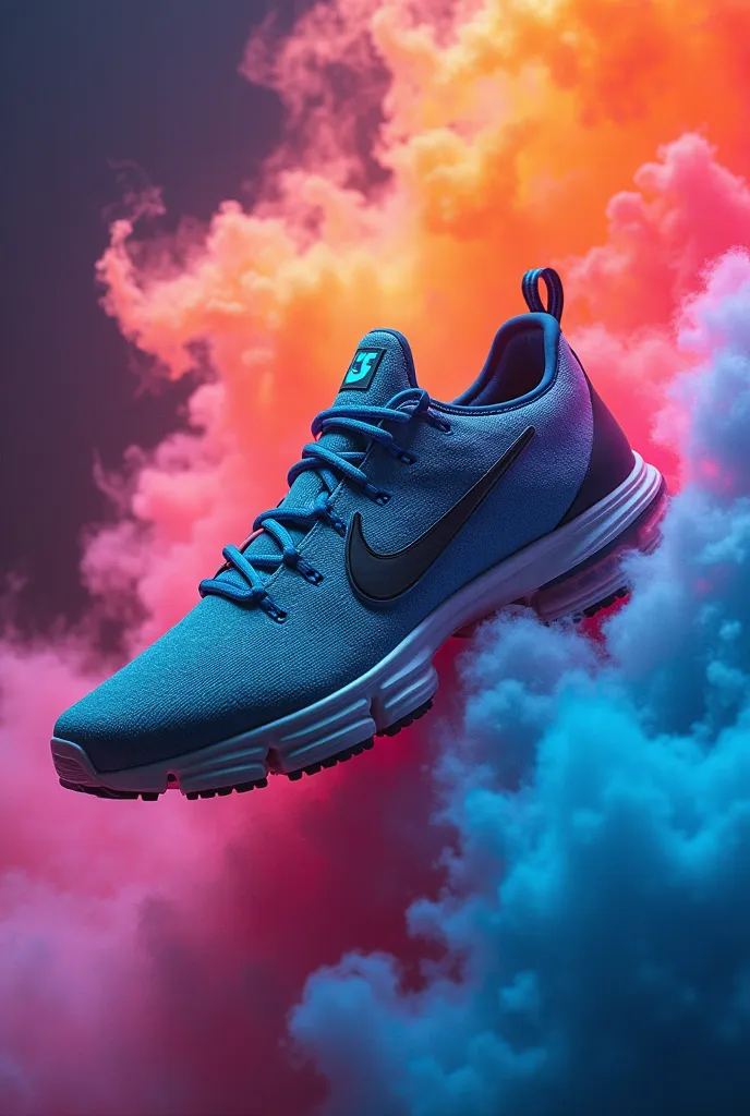 "Create a visually striking image of a Nike sneaker set against a flowing dye color background. The sneaker should be highly detailed, showcasing its modern design, textures, and branding elements. The background should feature vibrant, fluid dye patterns ...