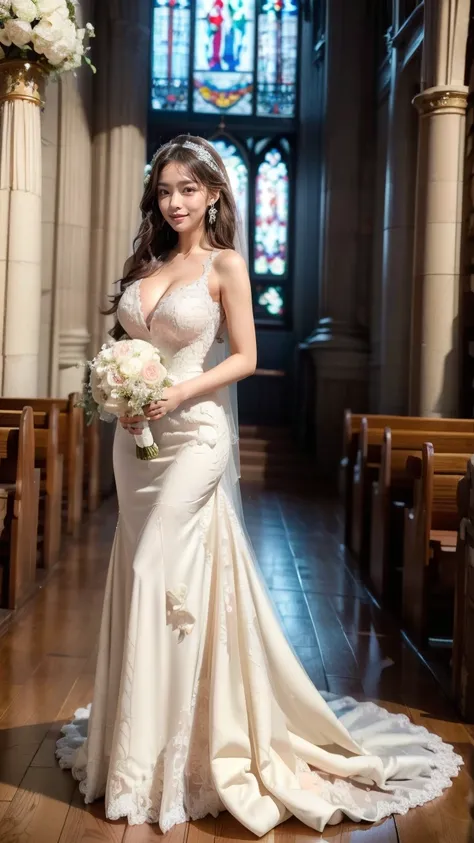 A beautiful young Japanese woman, 26 years old, with healthy thighs, beautiful legs, flawless skin, random hair color and style, large breasts, wearing a (wedding dress:1.3), (she is standing:1.2), full body shot, high heels, holding a bouquet in her hands...