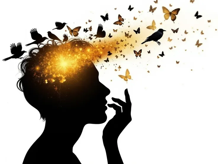 The image depicts a silhouette of a person's head with numerous radiant golden ethereal butterflies geting into it and black crows  emerging from it. The crows are scattered in various directions, creating a dynamic and free-spirited scene. The person's ha...