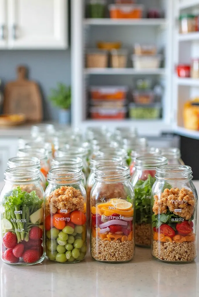 An organized kitchen counter, filled with transparent containers containing meals prepared for the week. The jars are arranged in rows, with labels indicating the days and times of meals. There are colorful and fresh foods, like vegetables,  grilled chicke...