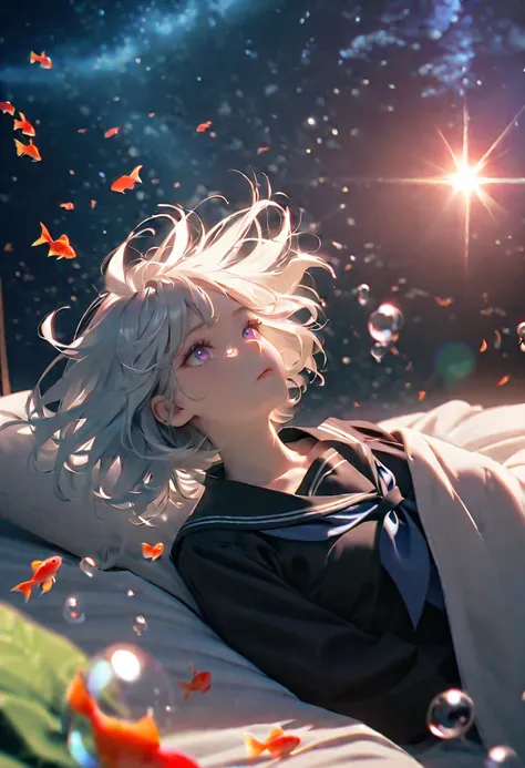 (woman\(student, Age 15, ＪＫ,  short hair,  Silver Hair, floating hair, Space-colored eyes , black sailor suit\(High school\), pale skin,  tired face, no light in eyes\) in bed looking up at the sky), (Many goldfish are swimming in the air), beautiful sky f...