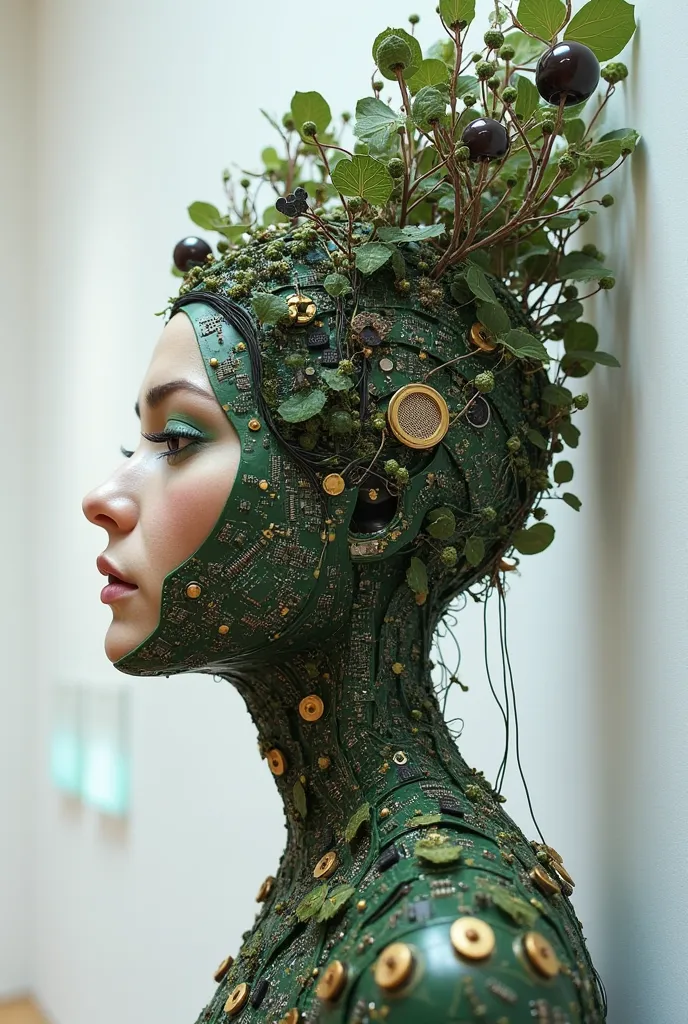  Installation in the form of a forest spirit made from a pile of parts of gadgets, technological devices, computer parts, in a museum space, white walls, modern art, techno-organic