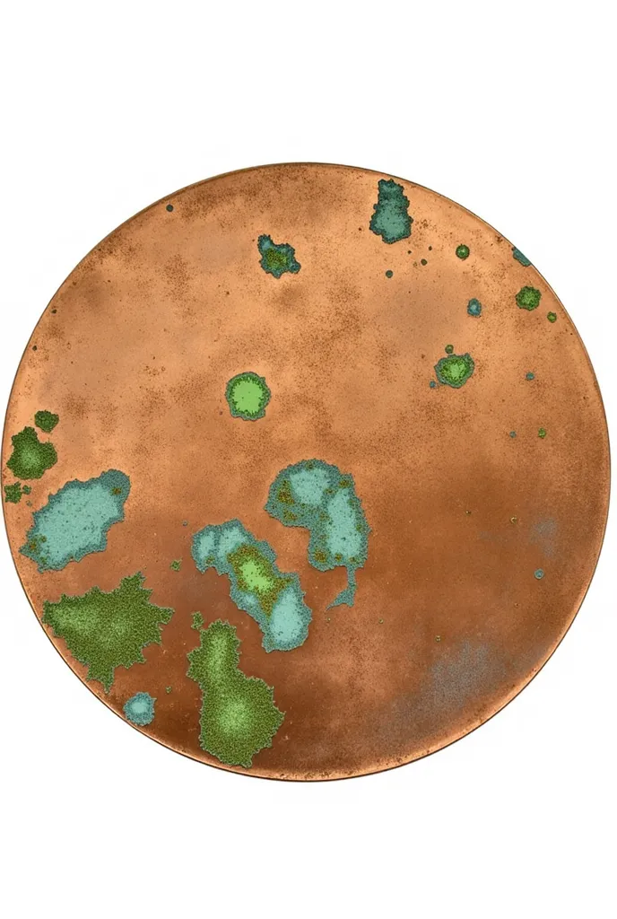 The image shows a circular metal plate that appears to be made of copper or a similar material, with spots of corrosion and rust on its surface. The plate shows clear signs of corrosion, with green and blue spots indicating that the metal has reacted with ...