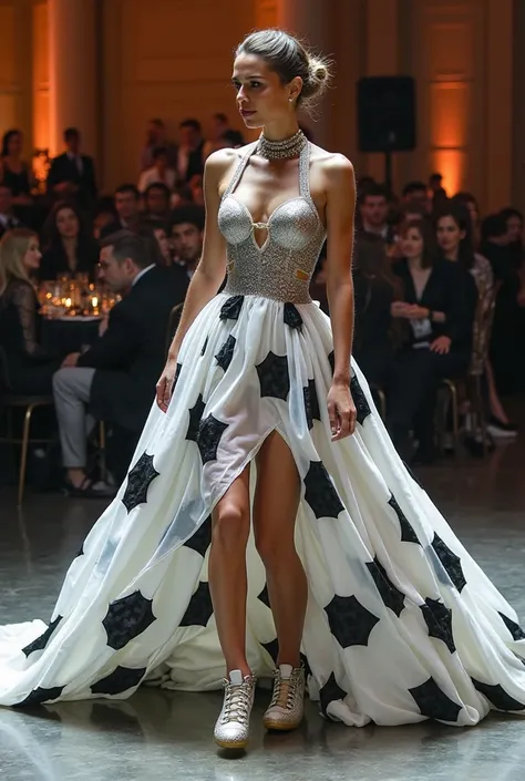 A stunning female performer graces the grand reception, wearing an exceptionally long, voluminous gown inspired by soccer. The dress features black and white pentagon patterns resembling a classic soccer ball and cascades into an ethereal train that sweeps...