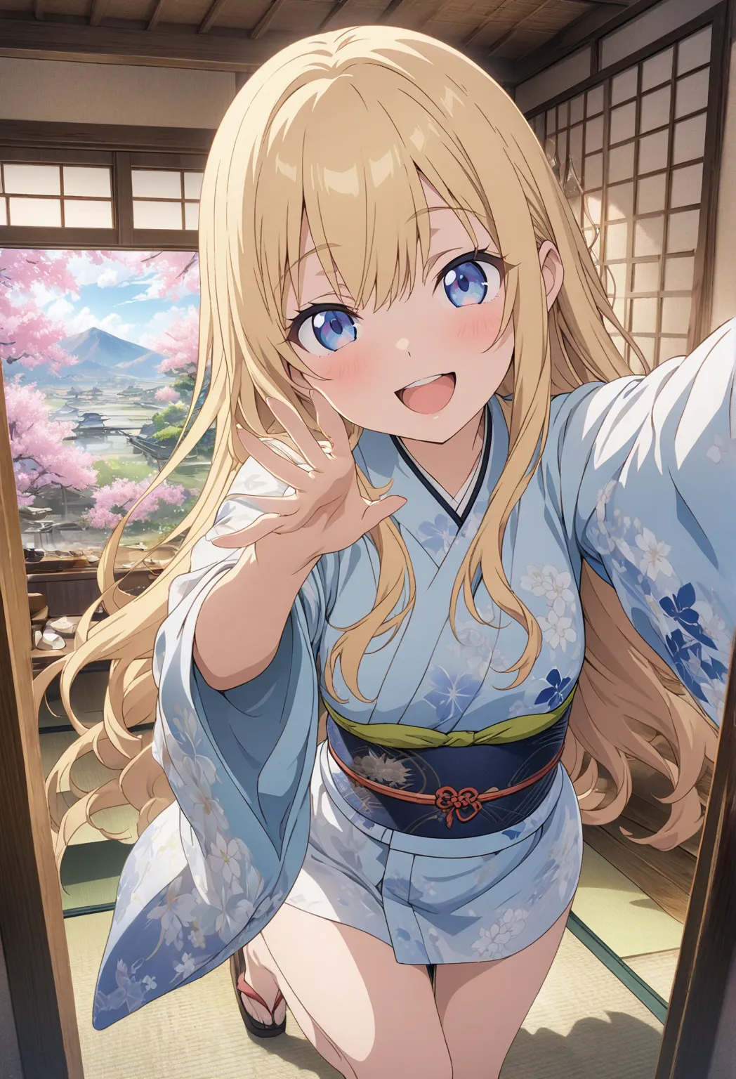 masterpiece, Best Quality, Highly Detailed CG Unity 8k Wallpaper, Japanese-style room, 20 year old girl anime illustration. Attractive Poses、Close your eyes、opening your mouth, smile.  The background is a pastel-colored landscape,  Blonde Color ,LONG HAIR、...