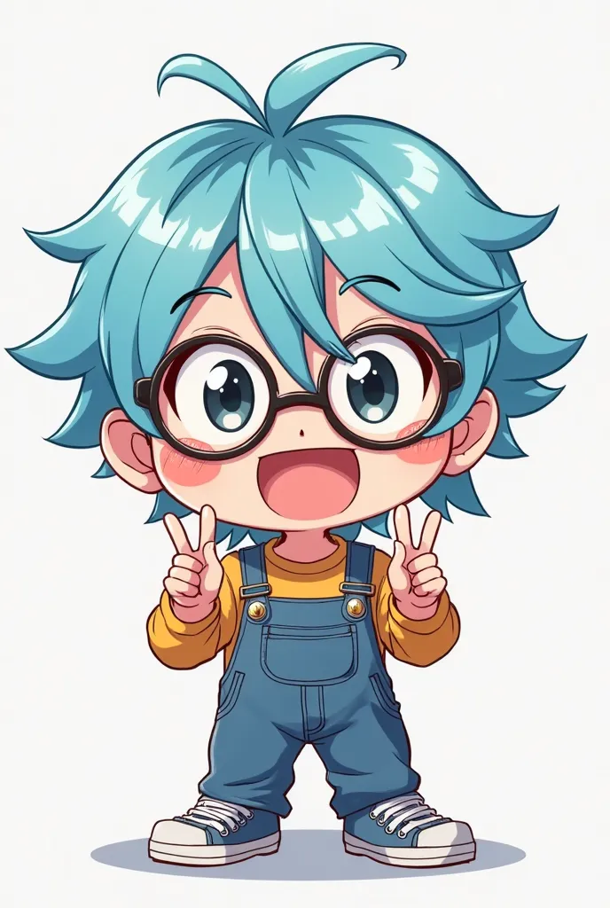 "A chibi-style anime boy with light blue hair and glasses, looking adorable and cheerful. He is posing with a big smile, raising two fingers in a peace sign. His hair is slightly messy but stylish, and his glasses add to his cute and smart appearance. The ...