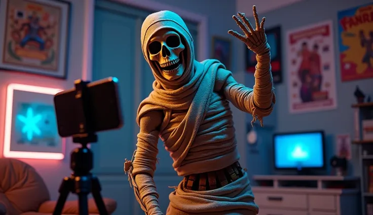 A highly detailed, ultra-realistic depiction of an ancient Egyptian mummy trying to record a TikTok dance video. The mummy is wrapped in tattered, dusty linen bandages, with some unraveling and hanging loosely. Its skeletal face is partially exposed, with ...