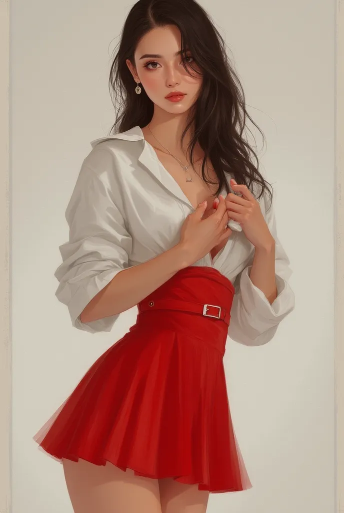 ((Best Quality)), ((傑Best Quality、masterpiece、High sensitivity、Hi-Res、detailed description、Delicate Face Depiction))Slender Woman、glasses、thin eyebrows、white three-quarter sleeve shirt、red shoulder mini dress、Red Heels、Do x with your hands、