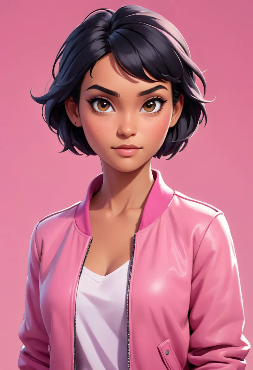 
Tanned-skinned woman with short black hair, wearing a pink jacket, looking directly at the camera, digital paint look, painting 3D, casual game style, front light lighting, solid background portrait

