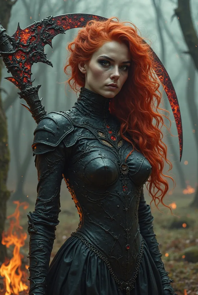 A Dullahan with her beautiful head in one of her arms, with red hair and with black armor, with a fire scythe.