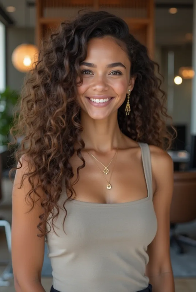 Realistic photo of a 21 year old woman with long curly hair (not frizzy ). She wears an elegant tank top with a square neckline, combined with sophisticated accessories, like a necklace and delicate earrings, that convey professionalism and lightness. Her ...