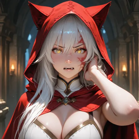 anime girl, yellow eyes, long white hair, red hooded cloak, right arm covered in white fur, right side of face covered in white fur, burn mark on face, intricate facial features, dramatic expression, cinematic lighting, fantasy atmosphere, dark and mysteri...