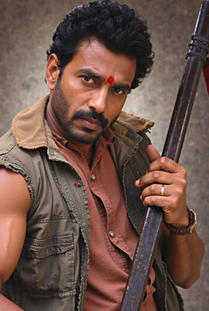 "A high-resolution image of Darshan Thoogudeepa as Daasa from the Kannada film 'Majestic' (2002), showcasing him in a rugged, intense pose while holding a long weapon, reflecting his rowdy character from the movie."