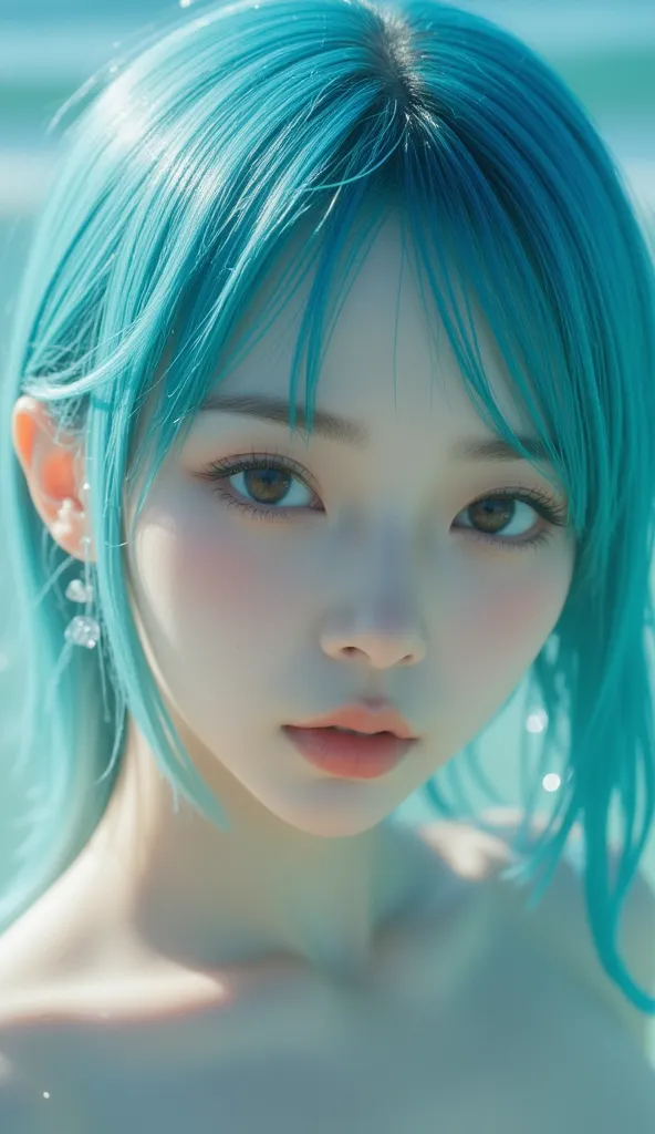 1girl, very detailed, ocean resort, masterpiece, face focus, cyan hair, closeup, foreshortening, in love, wet, shiny