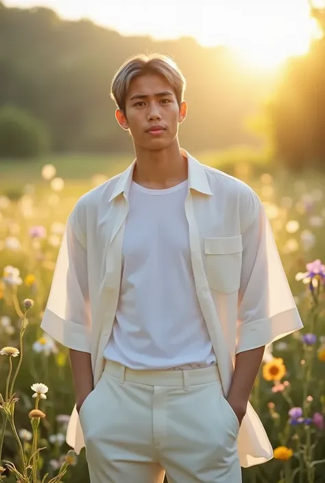 A handsome mixed Latino and Asian male supermodel, late twenties, 165 cm tall, with a slender, well-proportioned physique and a smooth, clean face, exudes a sense of tranquility and effortless elegance. His symmetrical features, thick ears, and slightly op...