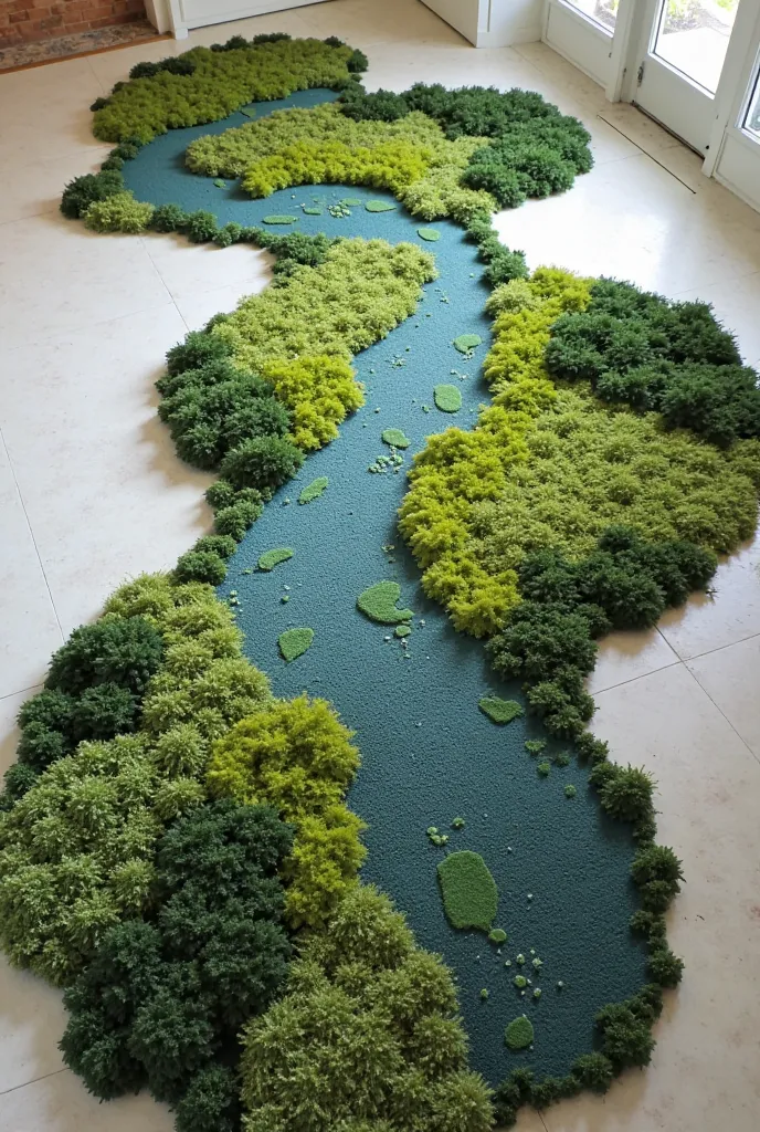 mini rugs shaped like organic islands created with punch needle or tufting so that people can sit in an art gallery , Seen from above, they look like a topographic map of the islands of the Parana River Rosario Argentina , in green moss and earth colors th...