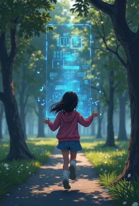 A girl is running in the park. She is looking at the watch on her hand. Holographic image of a blue menu from an electronic clock. Vector style. Realism level: below average. Harmonious, deep colors. Top view