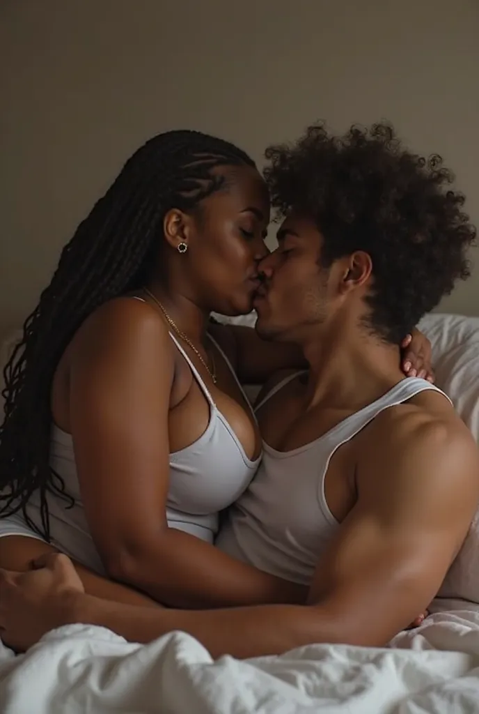 23-year-old heavyweight Meghan Thee Stallion with hairline braids wearing a white tank top and she raises her armpit while she kisses a super handsome 20-year-old boy with black skin in a bed and the girl is lying on top of him