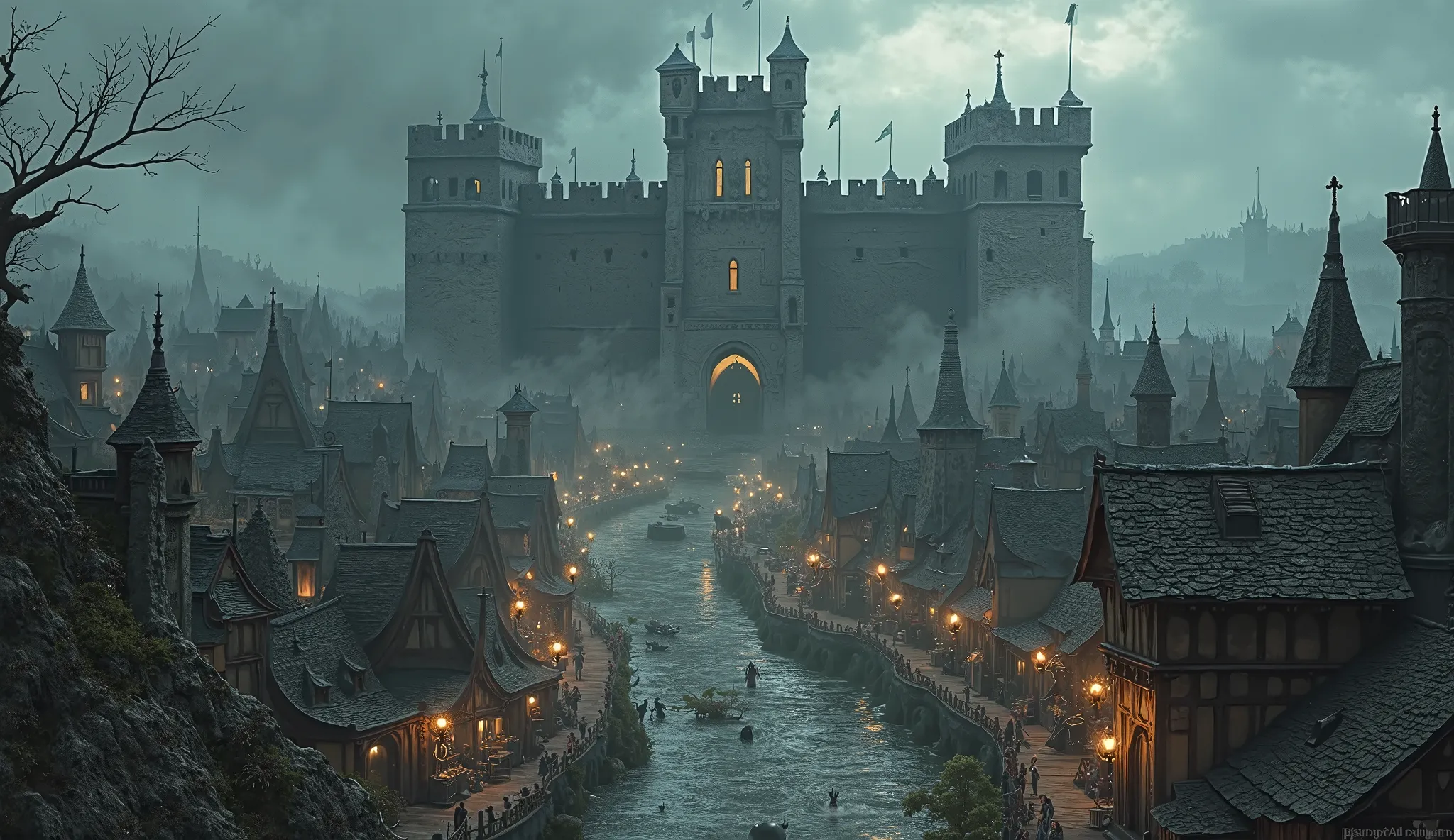 From a lofty perspective, the dark fantasy city sprawls beneath a tumultuous sky, a sprawling maze of shadow and intrigue. The layout reveals a chaotic network of narrow, winding streets that twist and turn like serpents, flanked by towering edifices of ob...