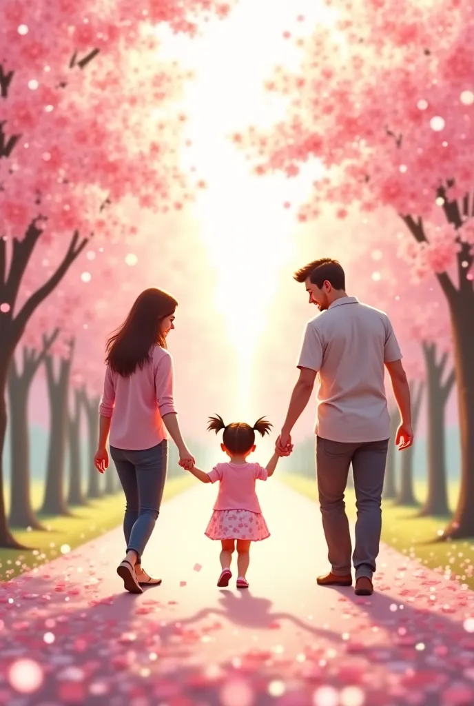 "A heartwarming scene of a baby girl walking hand in hand with her parents through a beautiful park filled with blooming cherry blossom trees. The pink petals gently fall around them, creating a magical and peaceful atmosphere. The baby girl, dressed in a ...